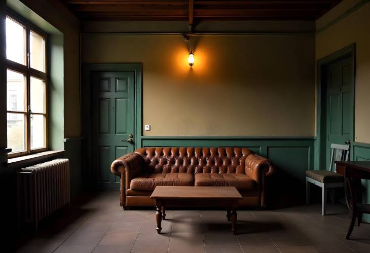 Rustic Vintage Room with Leather Sofa, Wooden Coffee Table, and Ceiling Lamp